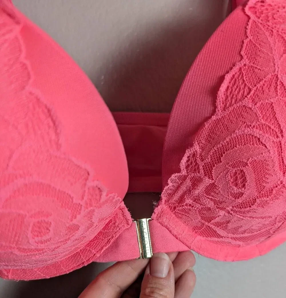 Cacique Hot Pink melon salmon lace boost plunge push up front close bra 44B